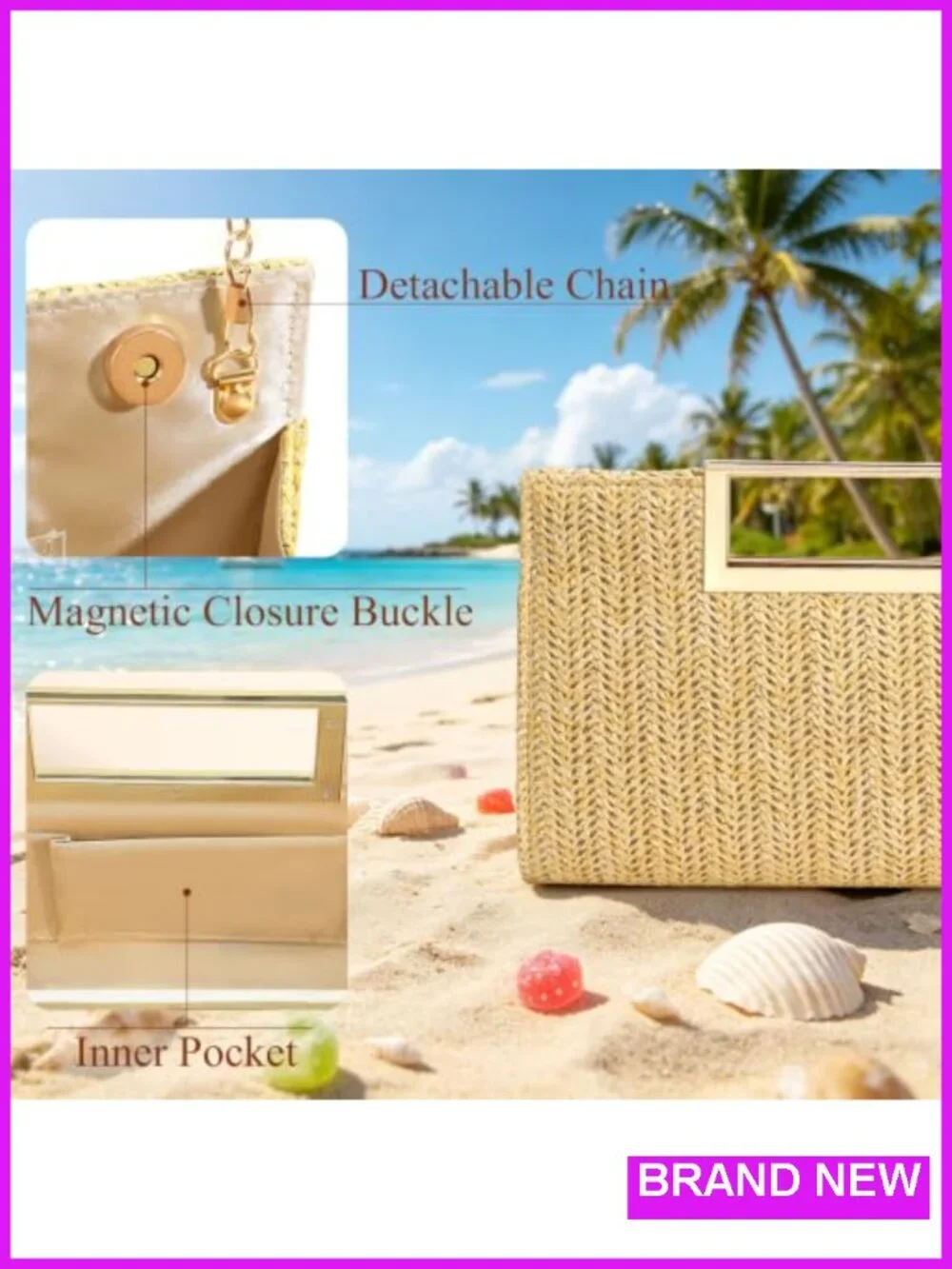 Straw Clutch Purse with Detachable Chain, Magnetic Closure for Wedding Party
